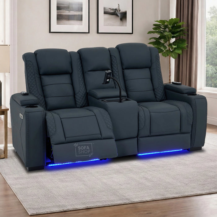 2 Seater Blue Real Leather Electric Recliner Cinema Sofa | Massage, Heat, Console, Wireless Charging & Cooling Cup Holders | Napoli