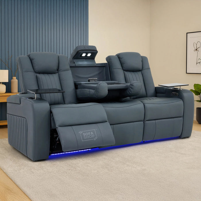 3 Seater Real Leather Recliner Sofa In Blue | Cinema Sofa with Massage, Heating, USB Ports, Drop-Down Table, LED Lights & Massage | Capri | The Sofa Shop