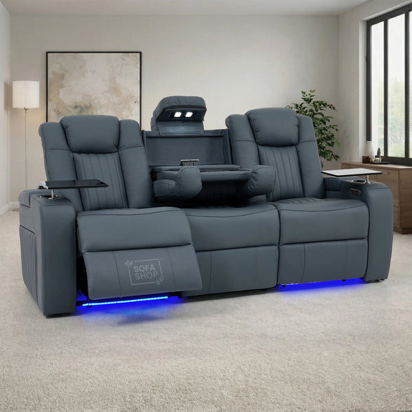 3 Seater Real Leather Recliner Sofa In Blue | Cinema Sofa with Massage, Heating, USB Ports, Drop-Down Table, LED Lights & Massage | Capri | The Sofa Shop