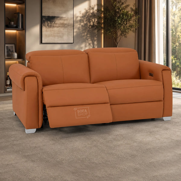 3 Seater Real Leather Recliner Sofa In Orange | Hi-Tech Sofa with Massage, USB Ports & Power Headrest | Turin | The Sofa Shop