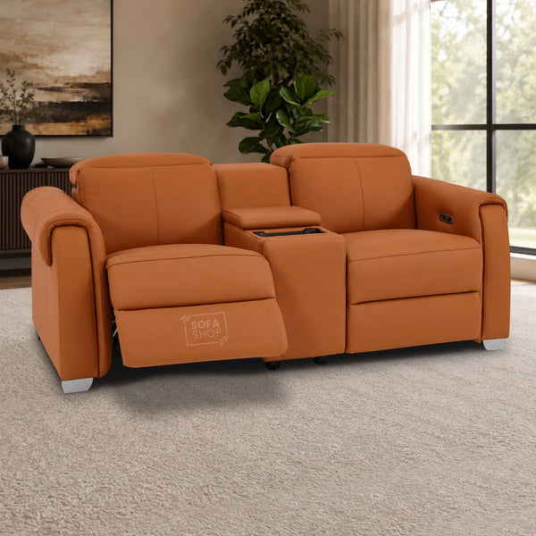 2 Seater Real Leather Electric Recliner Sofa | Cinema Sofa | Hi-Tech Sofa in Orange with Massage, Middle Console, Adjustable Headrests & USB | Turin | The Sofa Shop