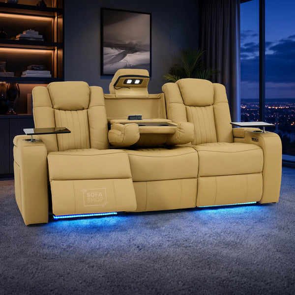 3 Seater Real Leather Electric Recliner Cinema Sofa in Tan | Recliner Couch With Massage, Power Recliners, Power Headrests, Led Reading & Tray Tables | Capri | The Sofa Shop