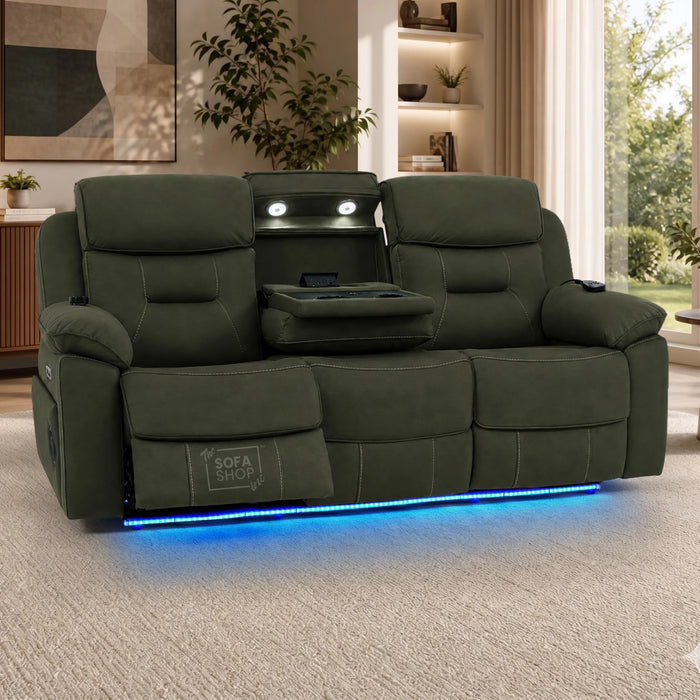 3 Seater Fabric Electric Recliner Sofa With Vibration Massage & Heating | Integrated Wireless Charging + Multi-Link Bluetooth | Green Fabric | Power Headrests & Fold-Down Table | Florence | The Sofa Shop