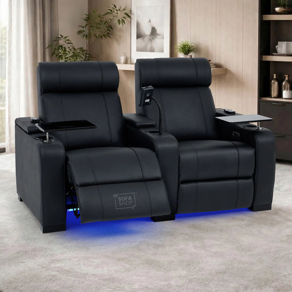 2 Seater Real Leather Electric Recliner Cinema Sofa in Black | Massage, Heated Lumbar, Power Grommet, Console & Chilled Cupholders | Rimini | The Sofa Shop