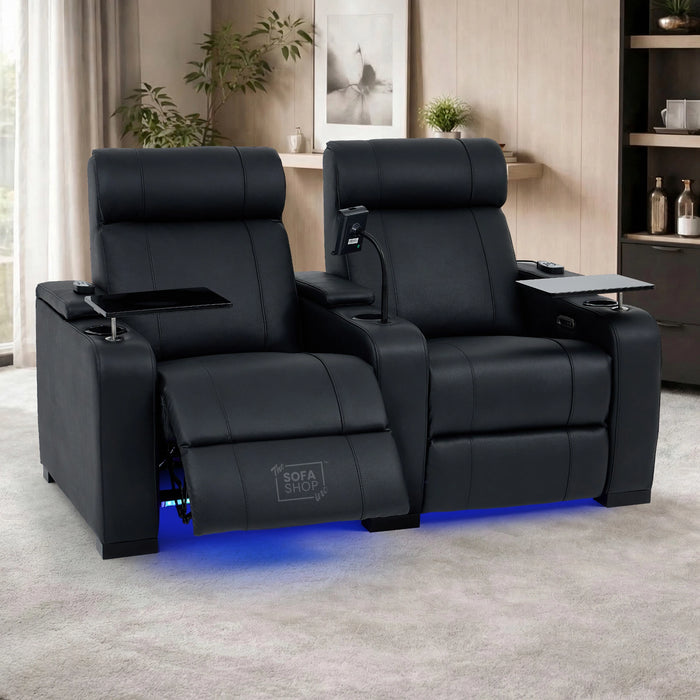 2 Seater Real Leather Electric Recliner Cinema Sofa in Black | Hi-Tech Cinema Sofa With Massage, Heated Lumbar, Power Grommet, Console & Chilled Cupholders | Rimini | The Sofa Shop