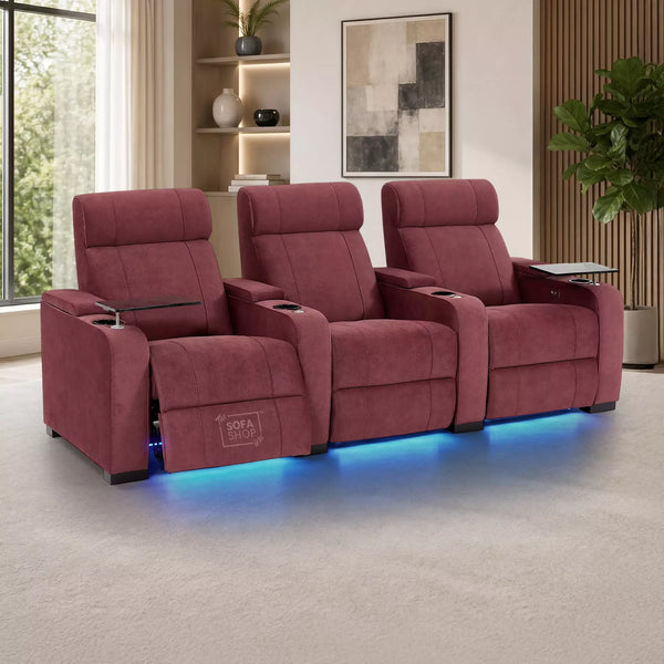 3 Seater Reclining Sofa with Electric  Reclining, Massage, USB Ports, Cooling Cup Holders, Storage Boxes & LED Lights | Purple Velvet Sofa | Rimini | The Sofa Shop