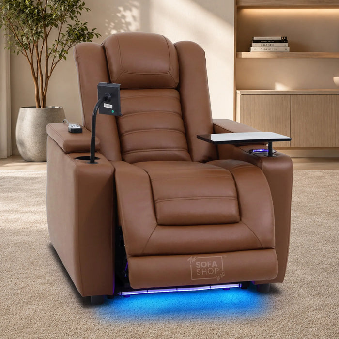 1 Seater Cinema Chair in Brown Real Leather | Hi-Tech Cinema Chair with Power Recline, Power Headrest, Wireless Charging, Cup Holder, Vibration Massage, Heated Lumbar | Modena | The Sofa Shop