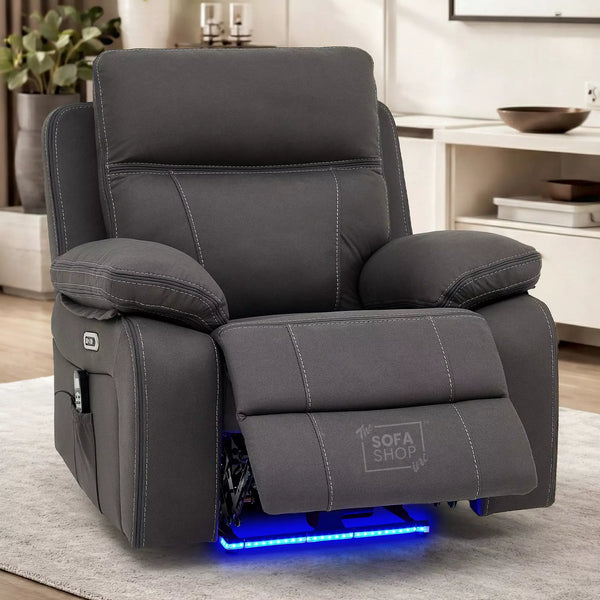 1 Seat Electric Recliner Chair Home Cinema Sofa | Hi-Tech Chair In Grey Fabric with Side Pocket + USB + Massage | Vinsonova