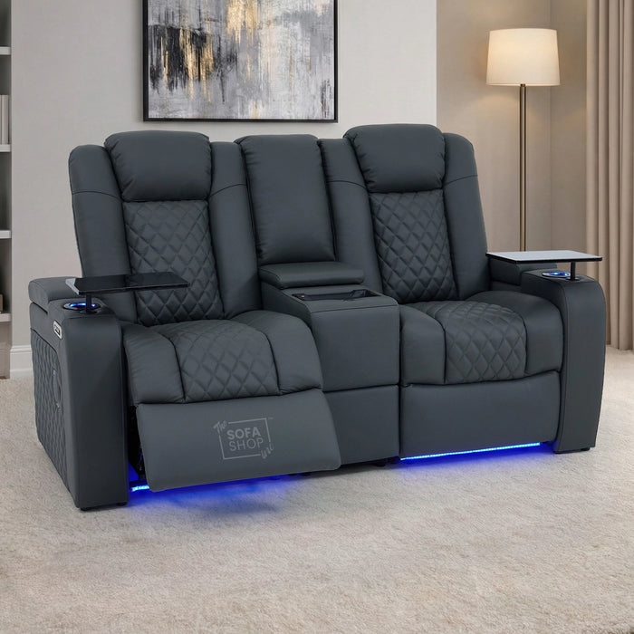 2 Seater Grey Real Leather Electric Recliner Cinema Sofa | Hi-Tech Couch With Power Headrest, Bluetooth Speakers, Wireless Charging, Cooling + Heating Cup Holder & Power Grommet  | Milano