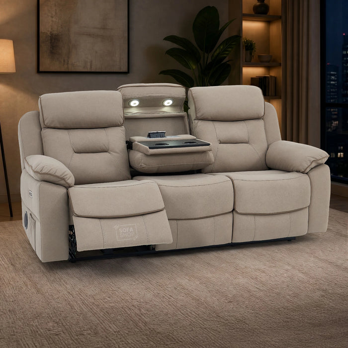 3 Seater Hi-Tech Electric Recliner Sofa In Beige Fabric | Adjustable Headrests & Bluetooth Speakers & USB-C | Florence | The Sofa Shop