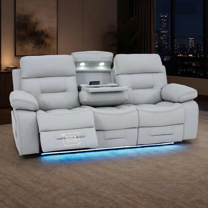 3 Seater Cinema Sofa in Light Grey Genuine Leather | Hi-Tech Couch with Power Recline + Power Headrests + Wireless Charging + Speakers | Sicily | The Sofa Shop