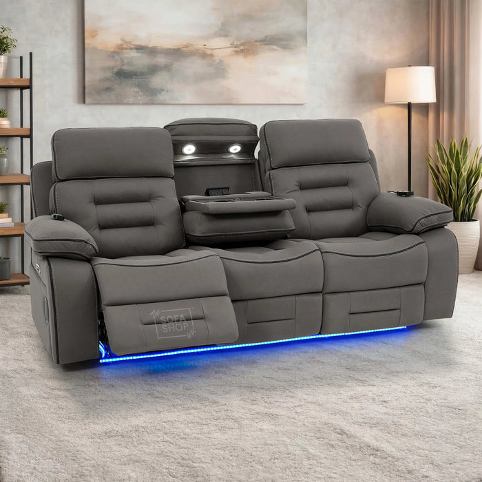 3 Seater Electric Recliner Cinema Sofa in Graphite Dark Grey Fabric | Hi-Tech Sofa with Cooling Cupholder + Massage + Heat + Power Headrest + USB Ports + Speakers | Tuscany | The Sofa Shop