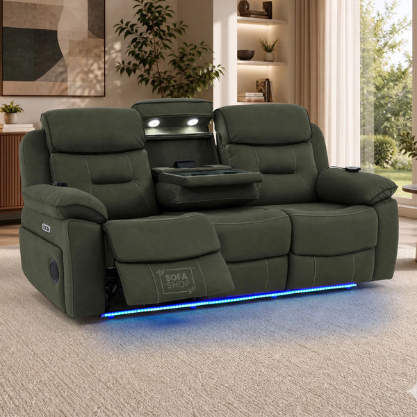 3 Seater Fabric Electric Recliner Sofa With Vibration Massage & Heating | Integrated Wireless Charging + Multi-Link Bluetooth | Green Fabric | Power Headrests & Fold-Down Table | Florence | The Sofa Shop