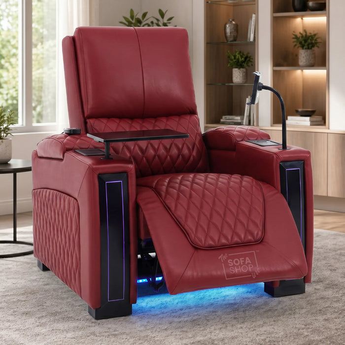 1 Seater Red Real Leather Electric Recliner Cinema Chair | Power Recliner Chair With Vibration Massage & Heated Lumbar, Cooling & Heating Cup Holders & Wireless Charging | Assisi | The Sofa Shop