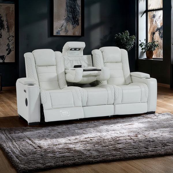 3 Seater White Real Leather Electric Recliner Cinema Sofa | Power Headrest, Massage, Fold-Down Table, USB-C & Storage | Napoli | The Sofa Shop