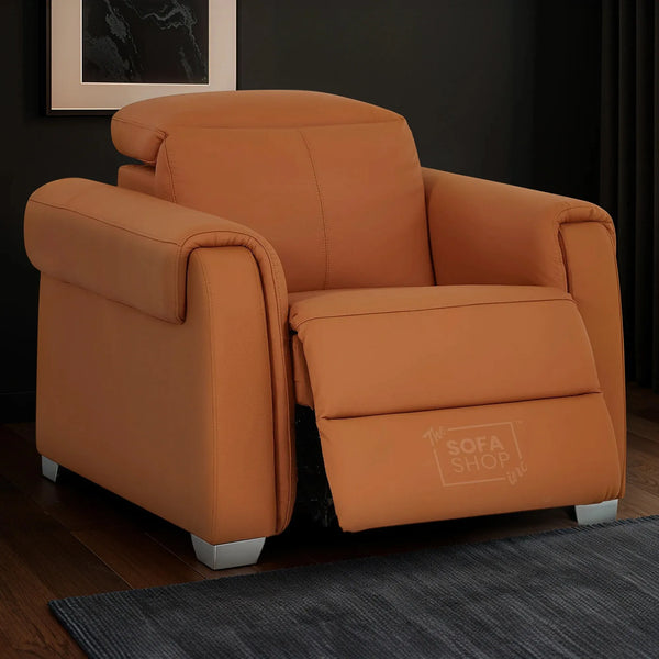 Real Leather Electric Recliner Chair In Orange | Hi-Tech Chair with Massage, Power Headrest + USB Charging Ports | Turin | The Sofa Shop