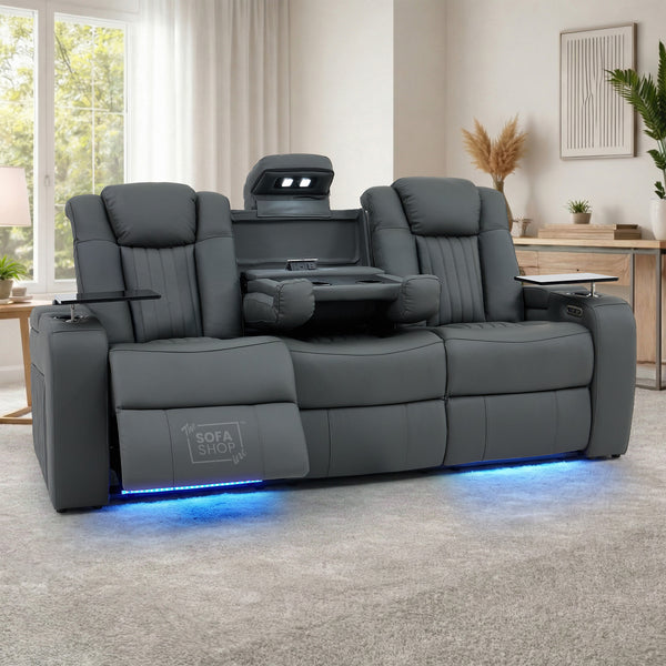 3 Seater Recliner Cinema Sofa | Theatre Couch in Grey Real Leather with USB Ports, Massage, Heating, Cup Holders & Wireless Charger | Capri | The Sofa Shop