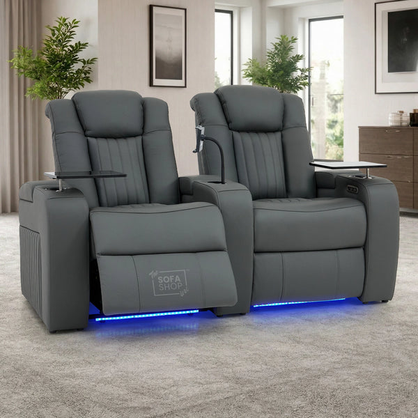 2 Seater Grey Real Leather Electric Recliner Cinema Sofa | Massage, Power Headrests & Tray Tables | Capri | The Sofa Shop