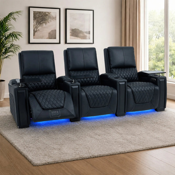 3 Seater Cinema Sofa in Black Real Leather | Luxury Theatre & Home Cinema Seating | Electric Recliner With Power Lumbar + USB Charging + Cupholders & Power Headrests | LED Lighting & Hidden Storage | Assisi