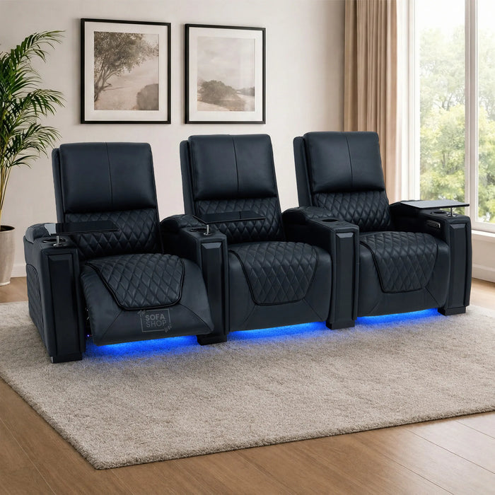 3 Seater Cinema Sofa in Black Real Leather | Luxury Theatre & Home Cinema Seating | Electric Recliner With Power Lumbar + USB Charging + Cupholders & Power Headrests | LED Lighting & Hidden Storage | Assisi