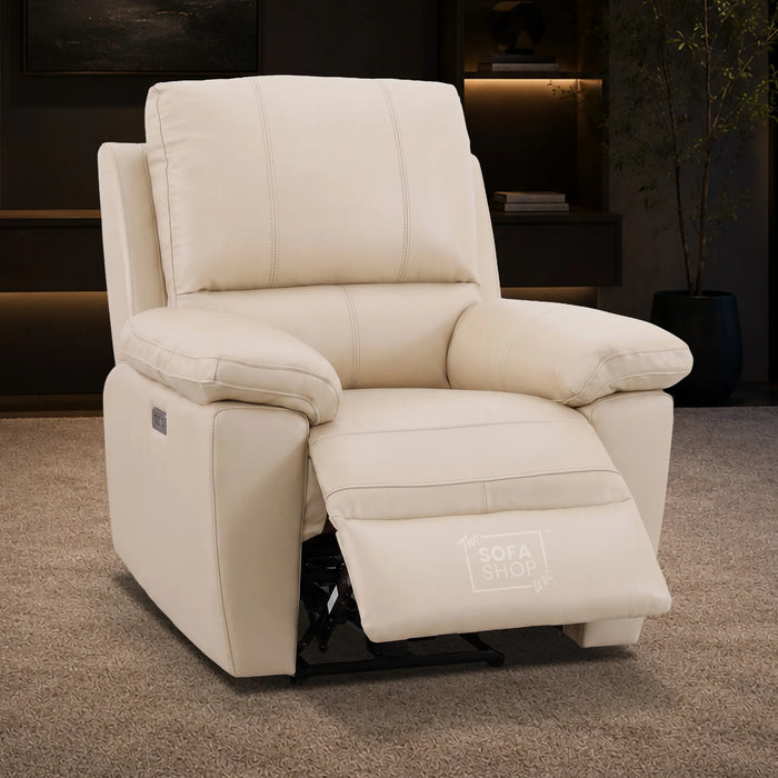 3+1 Electric Recliner Sofa Set In Cream Real Leather | Recliner Sofa Suite With Power Recline + Drop-Down Table + Cup Holders + USB-C Charging | Trento | The Sofa Shop
