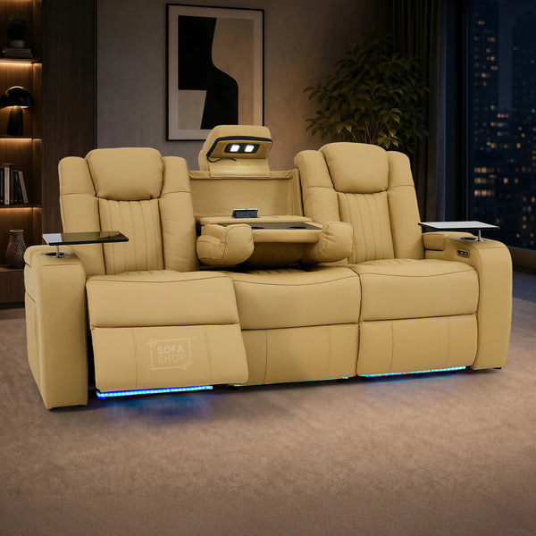 3 Seater Real Leather Power Recliner Sofa in Tan | Cinema Sofa with USB Charging, Cup Holders, Heating, Storage, LED Lights & Massage | Capri | The Sofa Shop