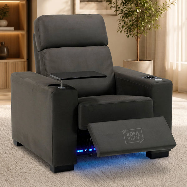 1 Seater Dark Grey Fabric Electric Recliner Cinema Chair | Recliner Armchair With Power Headrest, Lumbar Support & USB Charging | Palmero | The Sofa Shop