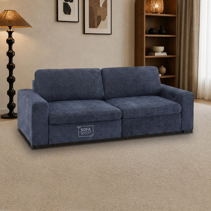 3 Seater Fabric Extendable Electric Sofa Bed | Power Sliding Couch With USB+C Charging | Blue Chenille Fabric | Home Theatre Seating & Comfort Headrests | Palma | The Sofa Shop