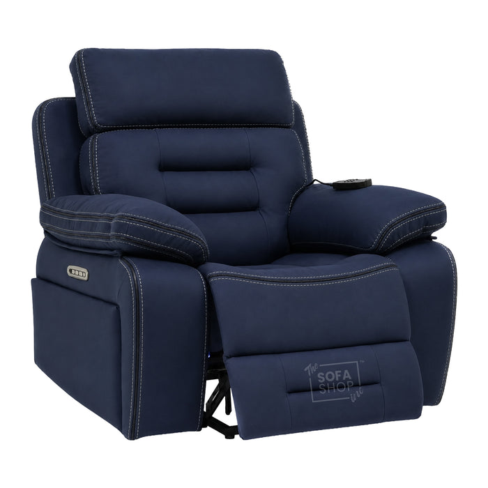Electric Riser Chair In Blue Fabric | Hi-Tech Recliner Armchair With Vibration Massage + Heated Lumbar + Cooling Cup Holder + Power Headrest | Tuscany | The Sofa Shop