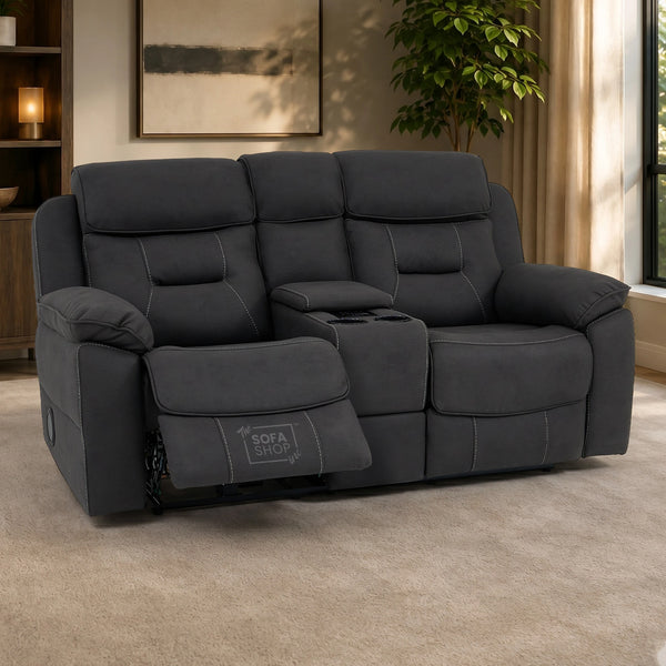 2 Seater Grey Resilience Fabric Electric Recliner Cinema Sofa | Recliner Sofa With Power Headrest, Cooling Cup Holders & Wireless Charging | Florence | The Sofa Shop