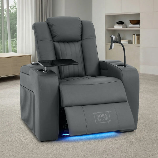 Real Leather Recliner Chair & Cinema Seat in Grey | Electric Armchair with Massage, Heating, LED Cup Holders, Table & USB Ports | Capri