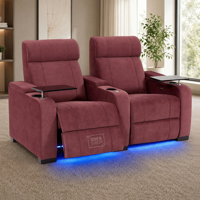 2 Seater Reclining Sofa with Electric Reclining, Massage, USB Ports, Cooling Cup Holders, Storage Boxes & LED Lights | Purple Velvet Fabric Sofa | Rimini | The Sofa Shop