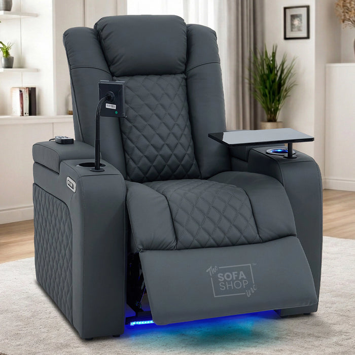 1 Seater Grey Real Leather Electric Recliner Cinema Chair | Hi-Tech Armchair With Vibration Massage, Heated Lumbar, Power Headrest, Cooling + Heating Cup Holders & Power Grommet | Milano | The Sofa Shop