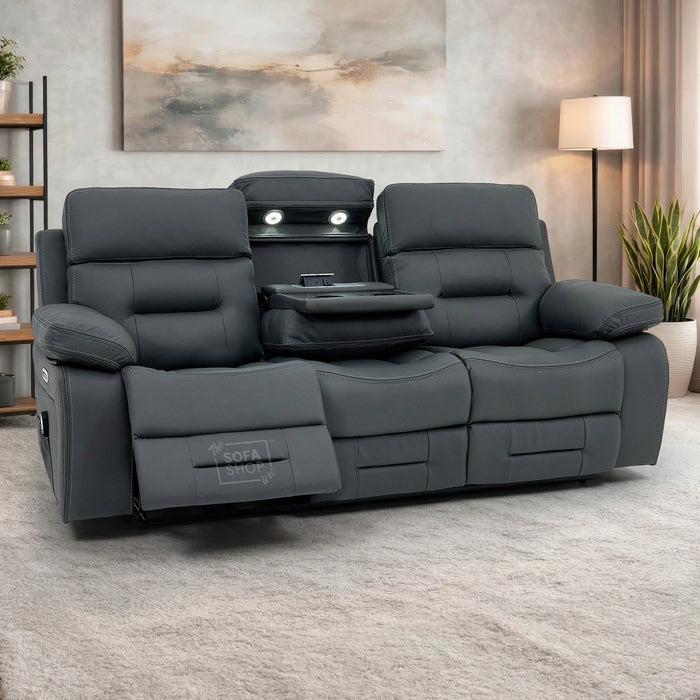 3 Seater Grey Top-Grain Leather Electric Recliner Cinema Sofa with Massage. Adjustable Headrest, Drop-Down Table, Wireless Charging | Sicily