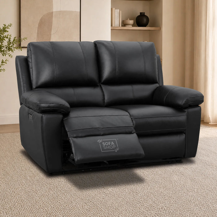 2 Seater Electric Recliner Sofa In Black Real Leather | Smooth Power Recliner, USB-C Charging | Trento | The Sofa Shop