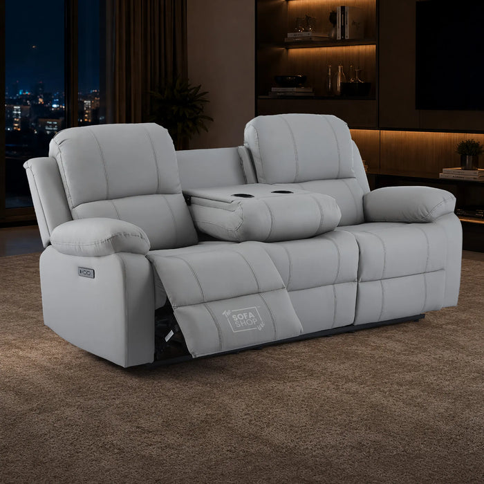 3 Seater Electric Recliner Sofa In Light Grey Real Leather | Power Recliner With Drop-Down Table & USB+C Charging | Comfortable & Family-Friendly Sofa | Trento | The Sofa Shop