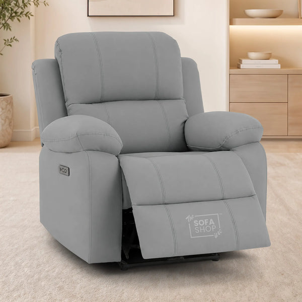 Trento Electric Recliner Chair in Light Grey Real Leather | Power Recline, Padded Armrests & Lumbar Support | The Sofa Shop