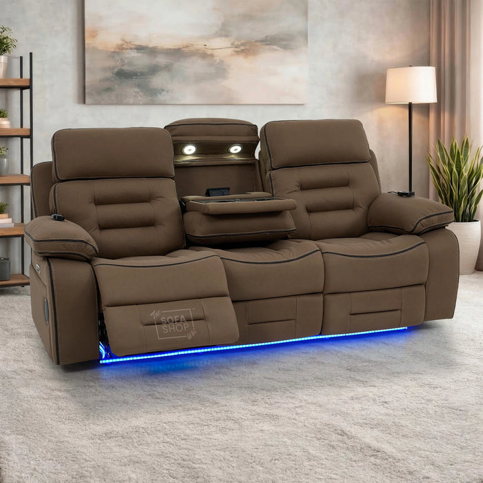 3+2 Electric Recliner Cinema Sofa Set in Mocha Brown Fabric | Hi-Tech Sofa Suite with Massage, Heat, Bluetooth Speakers, Wireless Charging & Cooling Cupholders | Tuscany | The Sofa Shop