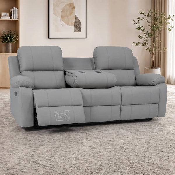 3 Seater Electric Recliner Sofa In Light Grey Real Leather | Power Recliner With Drop-Down Table & USB+C Charging | Comfortable & Family-Friendly Sofa | Trento | The Sofa Shop