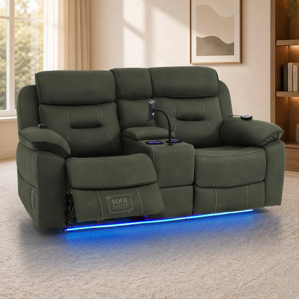 Green Fabric 2 Seater Electric Recliner Sofa | Hi-Tech Couch With Vibration Massage, Heated Lumbar, Multi-Link Bluetooth Speaker, Cooling & heating Cup Holders & Power Headrest | Florence | The Sofa Shop