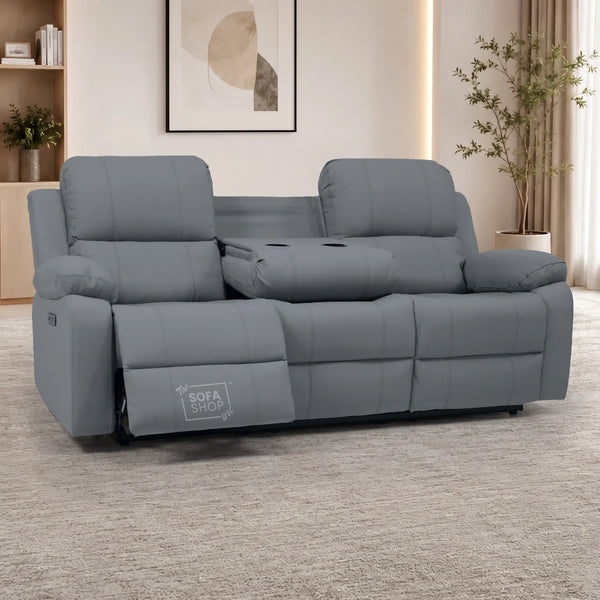3 Seater Electric Recliner Sofa In Grey Real Leather | Power Recliner With Drop-Down Table & USB+C Charging | Comfortable & Family-Friendly Sofa | Trento | The Sofa Shop
