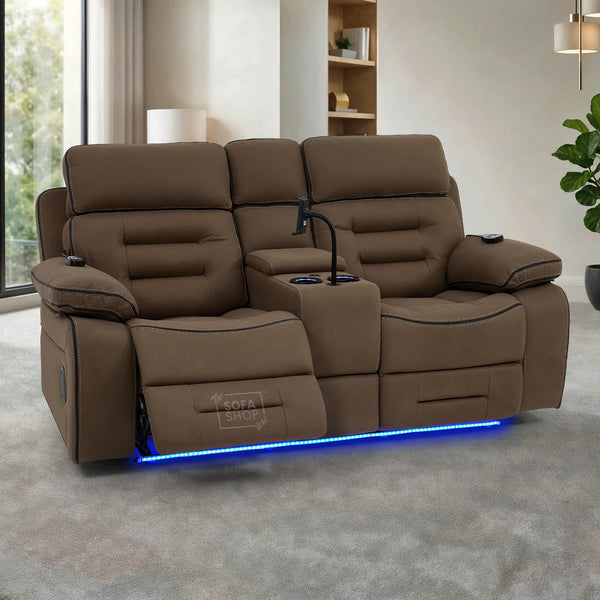 2 Seater Mocha Brown Fabric Electric Recliner Cinema Sofa with Massage, Heated Lumbar, Console, Bluetooth Speakers & LED Lights | Tuscany | The Sofa Shop