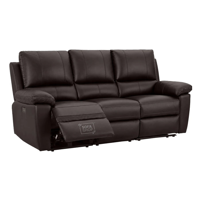 3 Seater Electric Recliner Sofa In Dark Brown Real Leather | Electric Settee With Power Recline + Drop-Down Table + Cup Holders + USB-C Charging | Trento | The Sofa Shop