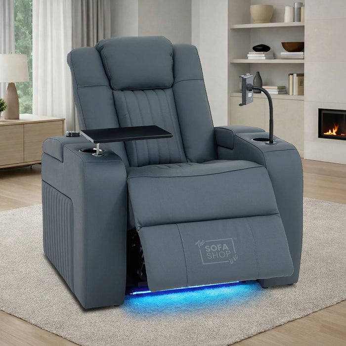 Real Leather Recliner Cinema Chair In Blue | Massage, Heating, Power Headrest, Food Tray & Power Grommet | Capri | The Sofa Shop