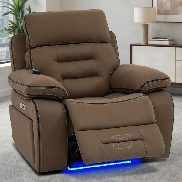 1 Seater Mocha Brown Fabric Electric Recliner Cinema Armchair With 8-Point Massage, Heated Lumbar, Cooling Cupholder, Power Headrest & Power Grommet | Tuscany | The Sofa Shop