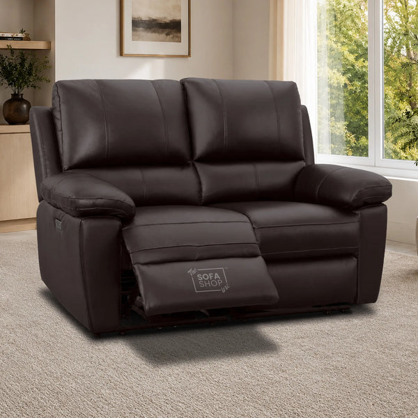 2 Seater Electric Recliner Sofa In Dark Brown Real Leather | Hi-Tech Couch With Power Recline + USB-C Charging + High Density Foam + Wall Hugging Design | Trento | The Sofa Shop