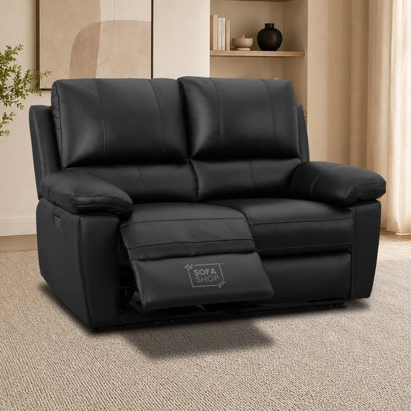 2 Seater Electric Recliner Sofa In Black Real Leather | Smooth Power Recliner, USB-C Charging | Trento | The Sofa Shop