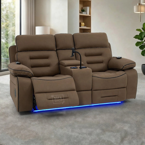 2 Seater Mocha Brown Fabric Electric Recliner Cinema Sofa with Massage, Heated Lumbar, Console, Bluetooth Speakers & LED Lights | Tuscany | The Sofa Shop