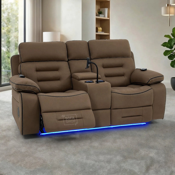 2 Seater Mocha Brown Fabric Electric Recliner Cinema Sofa with Massage, Heated Lumbar, Console, Bluetooth Speakers & LED Lights | Tuscany | The Sofa Shop