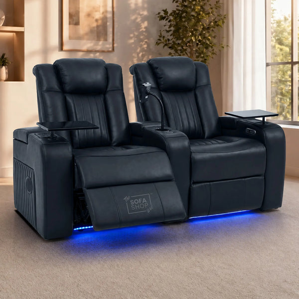 2 Seater Cinema Sofa in Black Real Leather | Hi-Tech Console Couch with Massage & Heated Lumbar, Wireless Charging, Heat & Cool Cupholders, Bluetooth Speakers & Multi-Link | Capri | The Sofa Shop